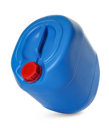 Photo of One blue plastic canister in air on white background