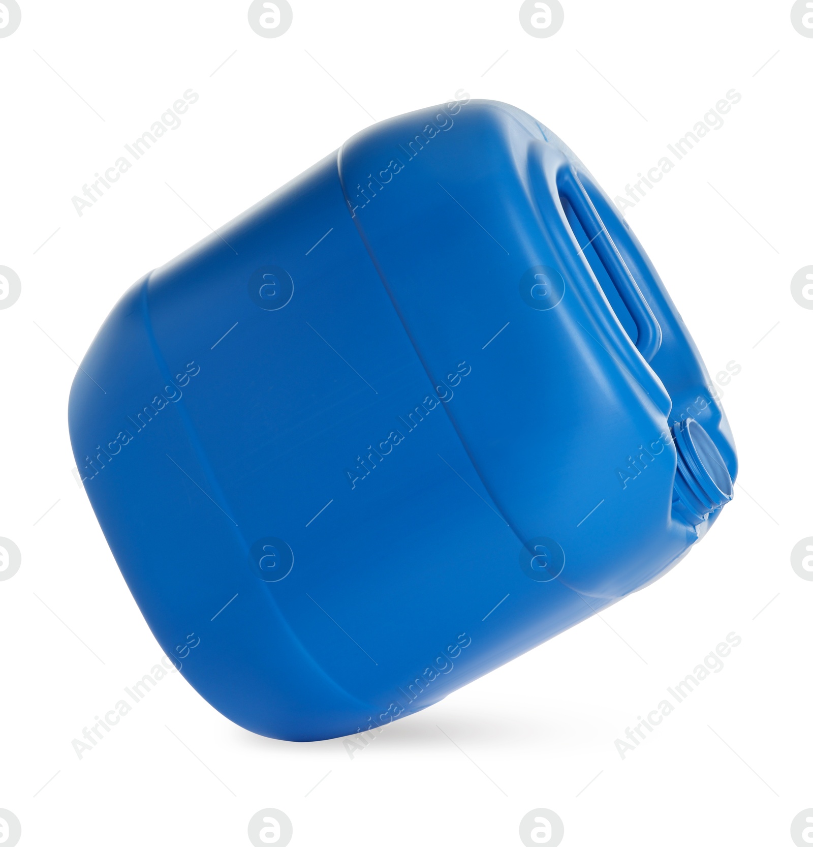 Photo of One blue plastic canister in air on white background