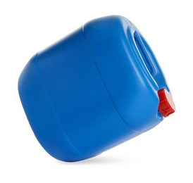 Photo of One blue plastic canister in air on white background