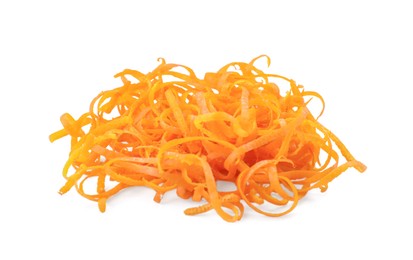 Photo of Pile of fresh orange zest isolated on white