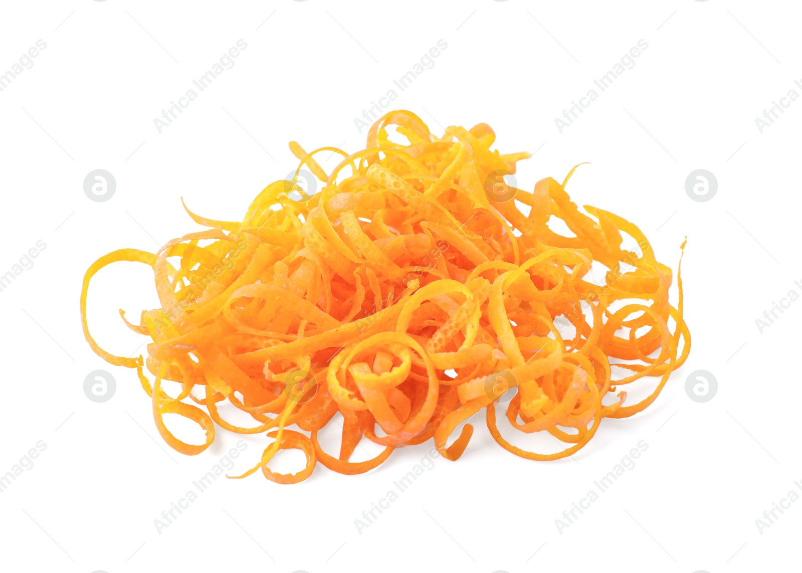 Photo of Pile of fresh orange zest isolated on white