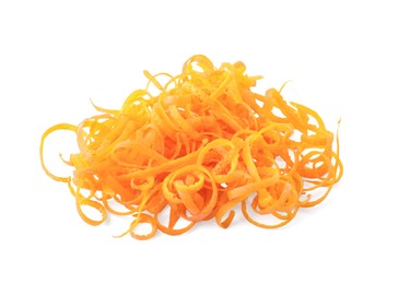 Photo of Pile of fresh orange zest isolated on white