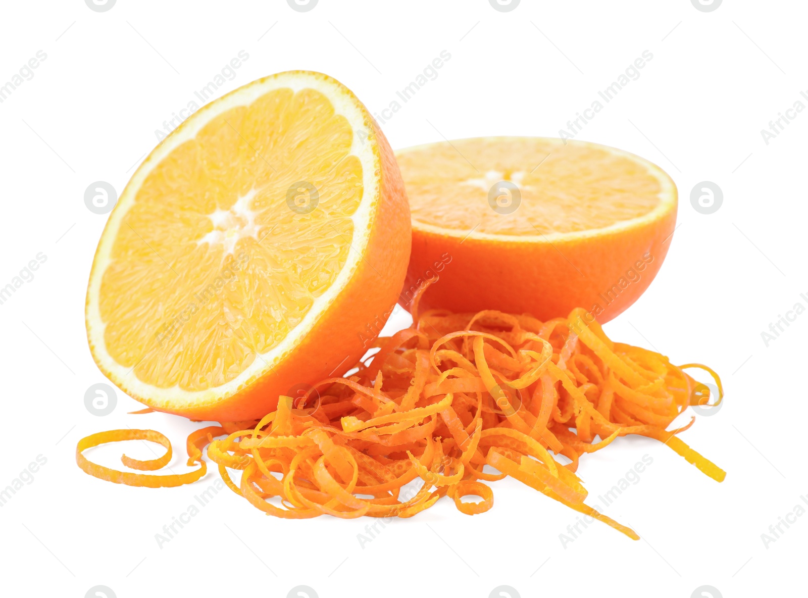 Photo of Pile of fresh orange zest and cut fruit isolated on white