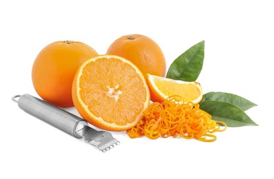 Photo of Pile of fresh orange zest, fruits, leaves and grater isolated on white