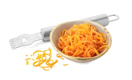 Photo of Fresh orange zest in bowl and zester isolated on white