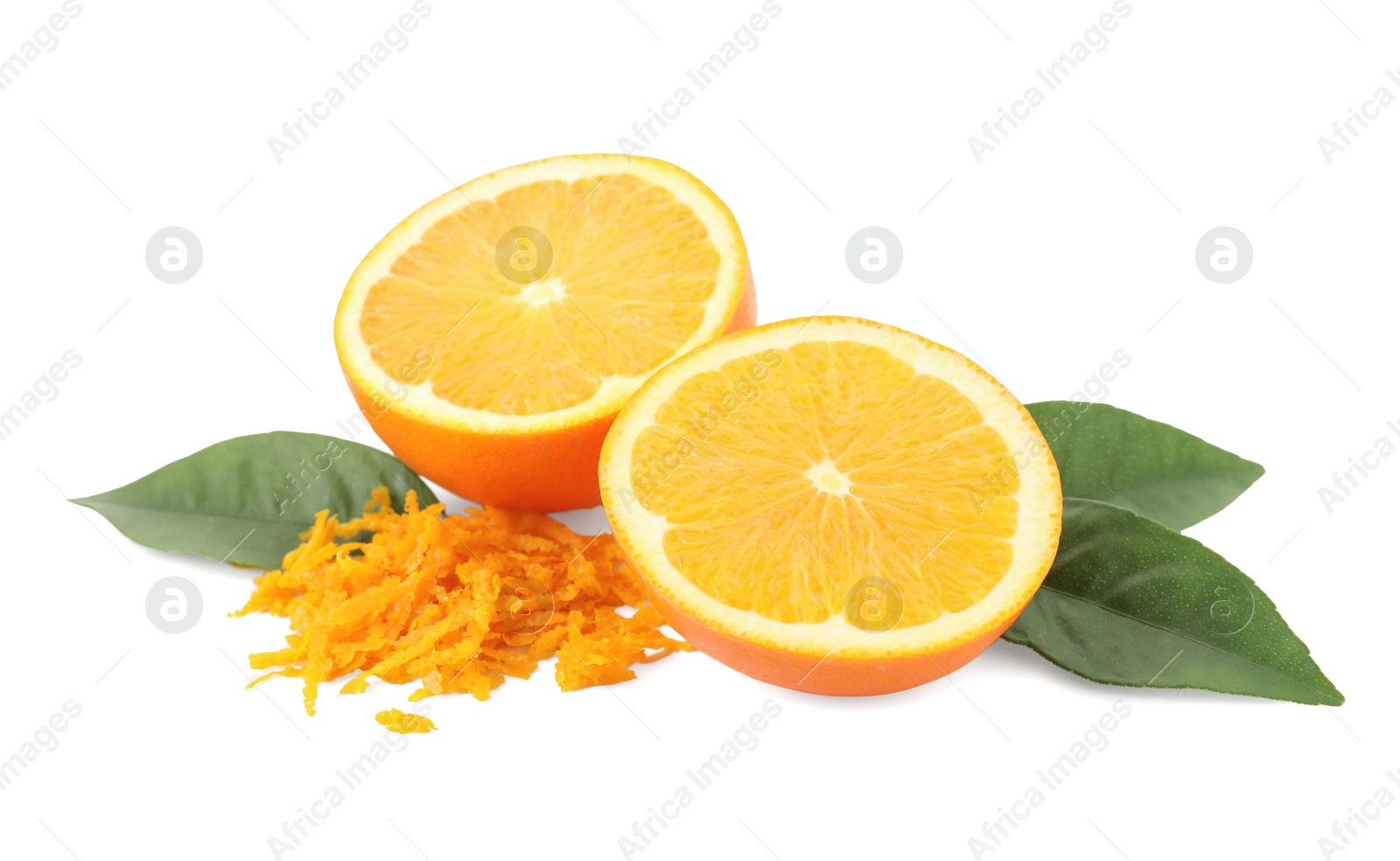 Photo of Pile of fresh orange zest, cut fruit and leaves isolated on white