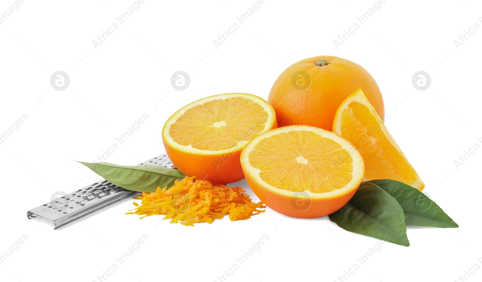 Photo of Pile of fresh orange zest, fruits, grater and leaves isolated on white