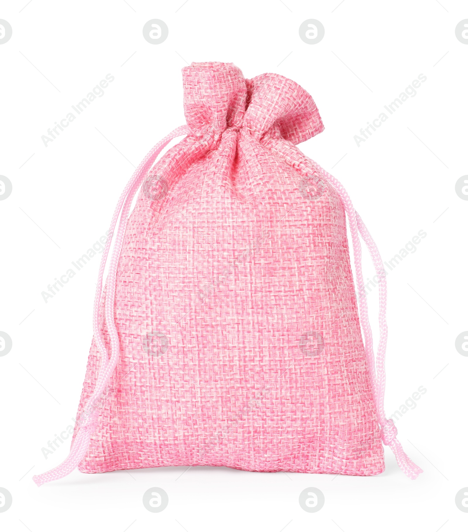 Photo of One pink burlap sack isolated on white