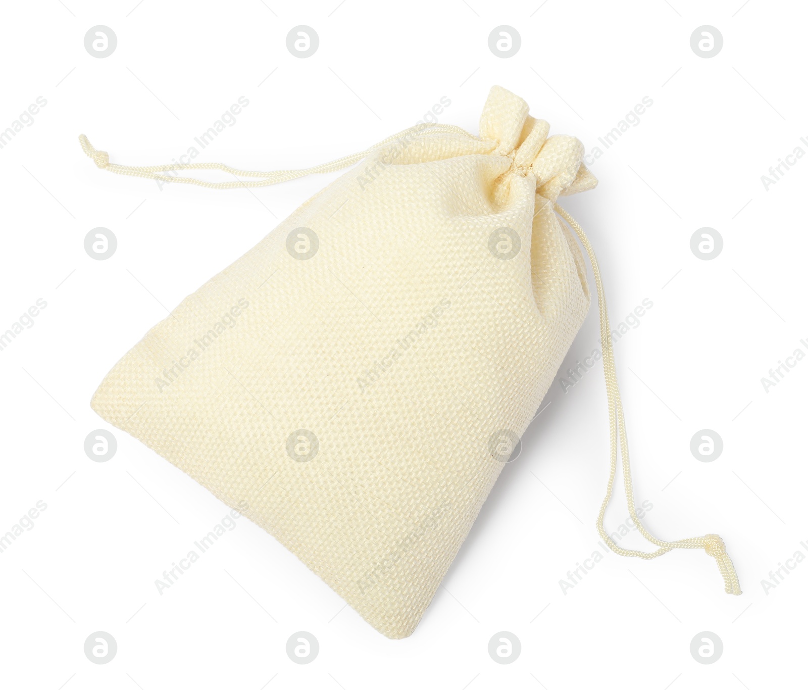 Photo of One beige burlap sack isolated on white, top view