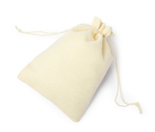 One beige burlap sack isolated on white, top view