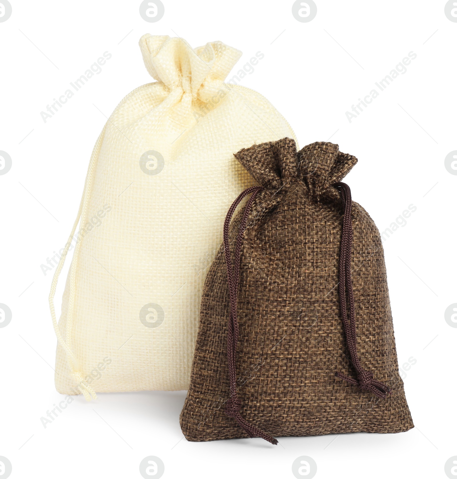 Photo of Two small burlap sacks isolated on white