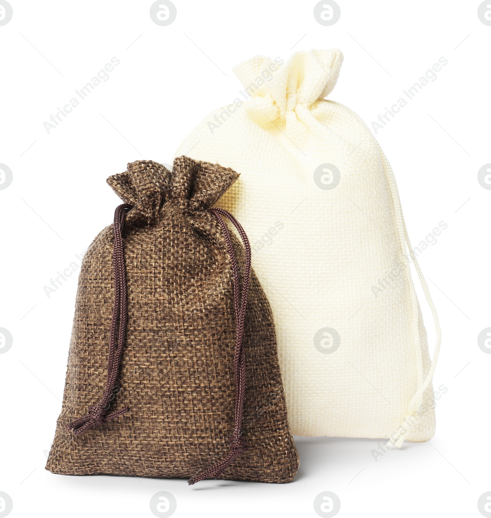 Photo of Two small burlap sacks isolated on white