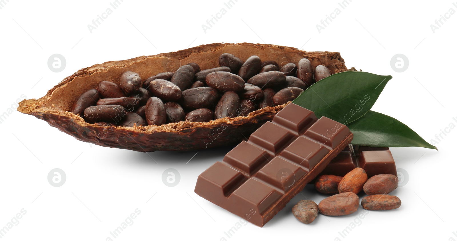 Photo of Cocoa pod with beans, chocolate and leaves isolated on white