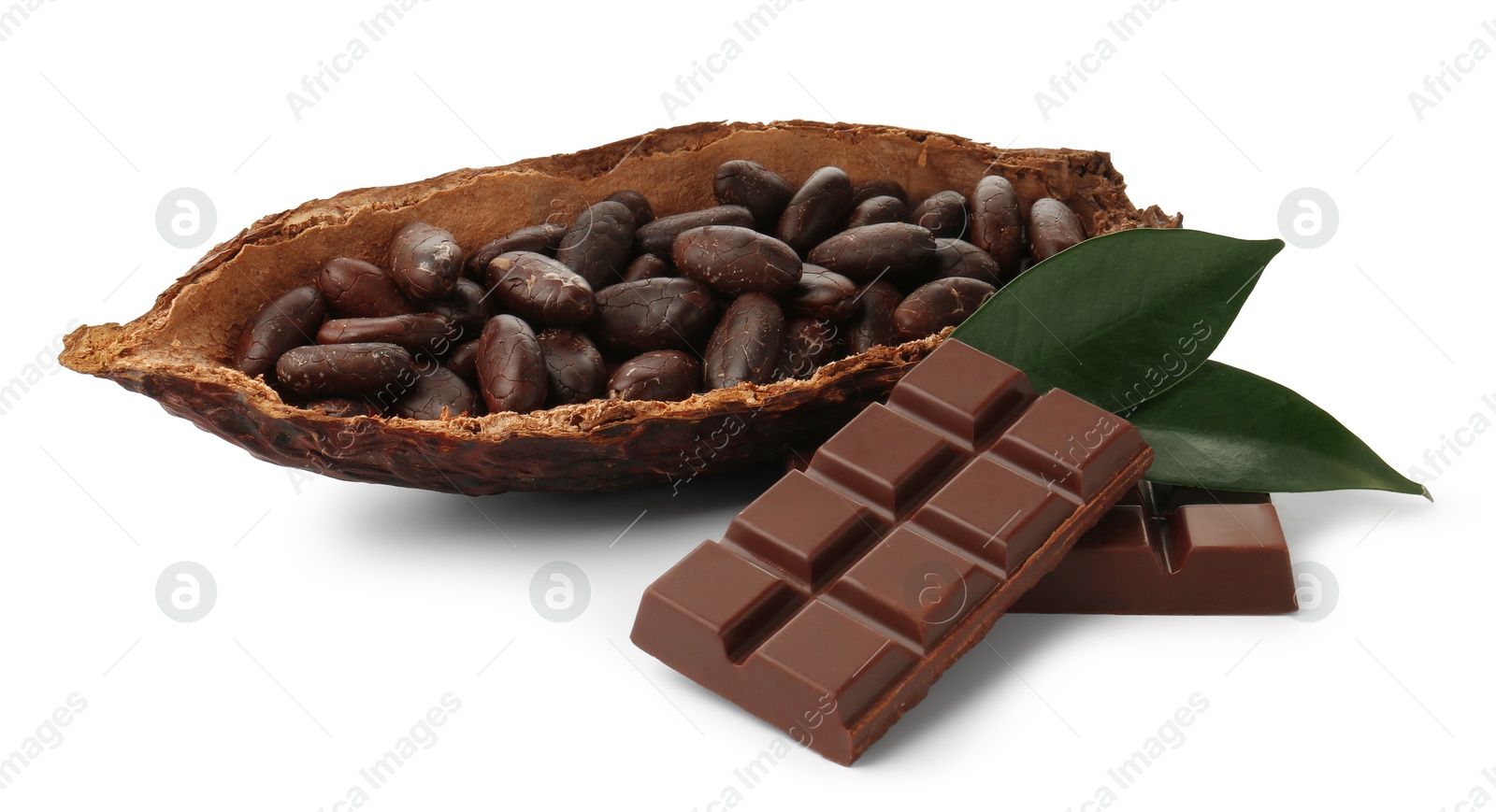 Photo of Cocoa pod with beans, chocolate and leaves isolated on white