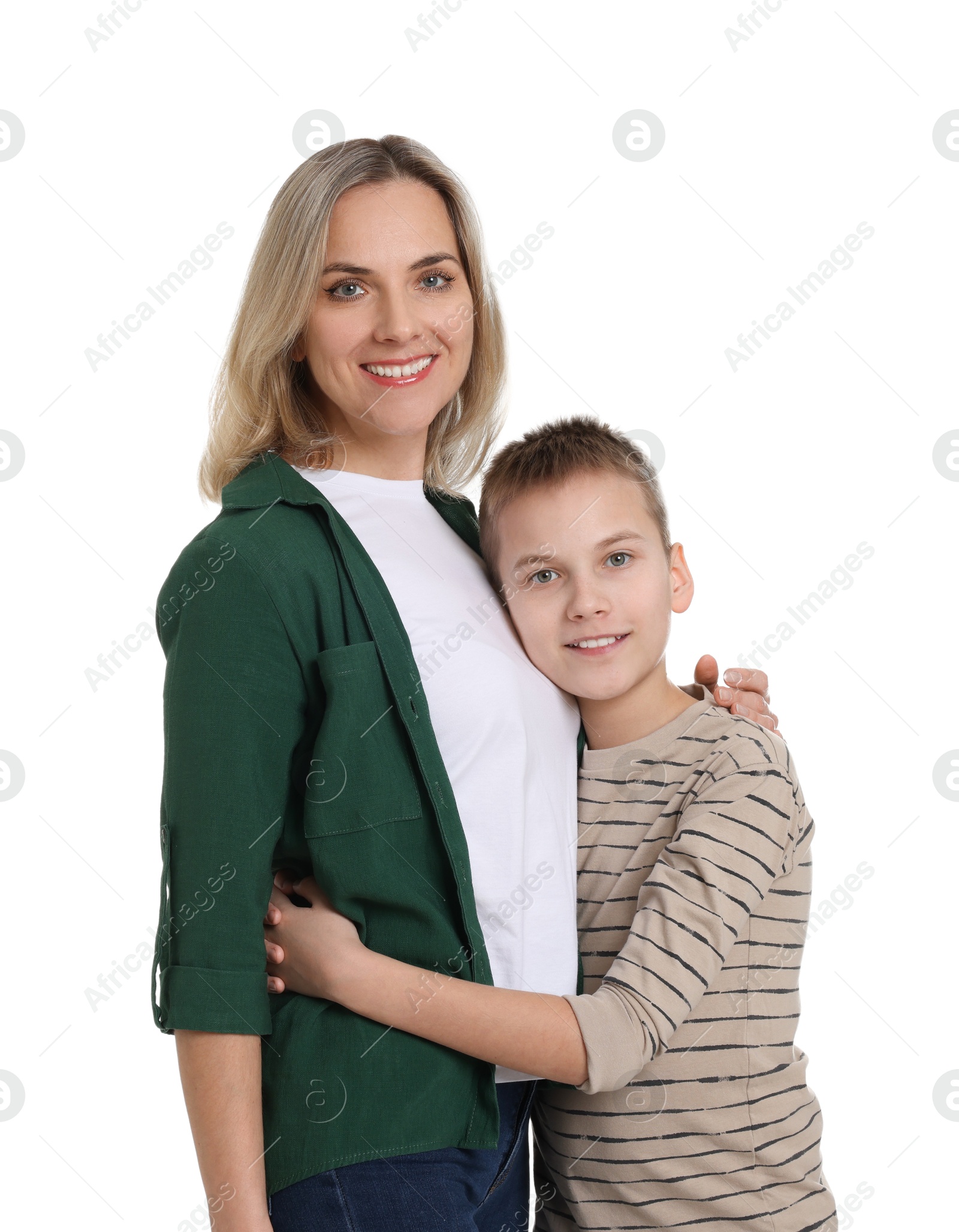 Photo of Happy mother and son on white background