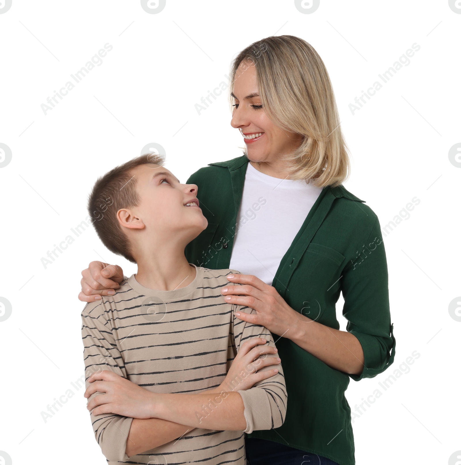 Photo of Happy mother and son on white background