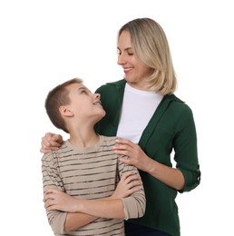 Photo of Happy mother and son on white background