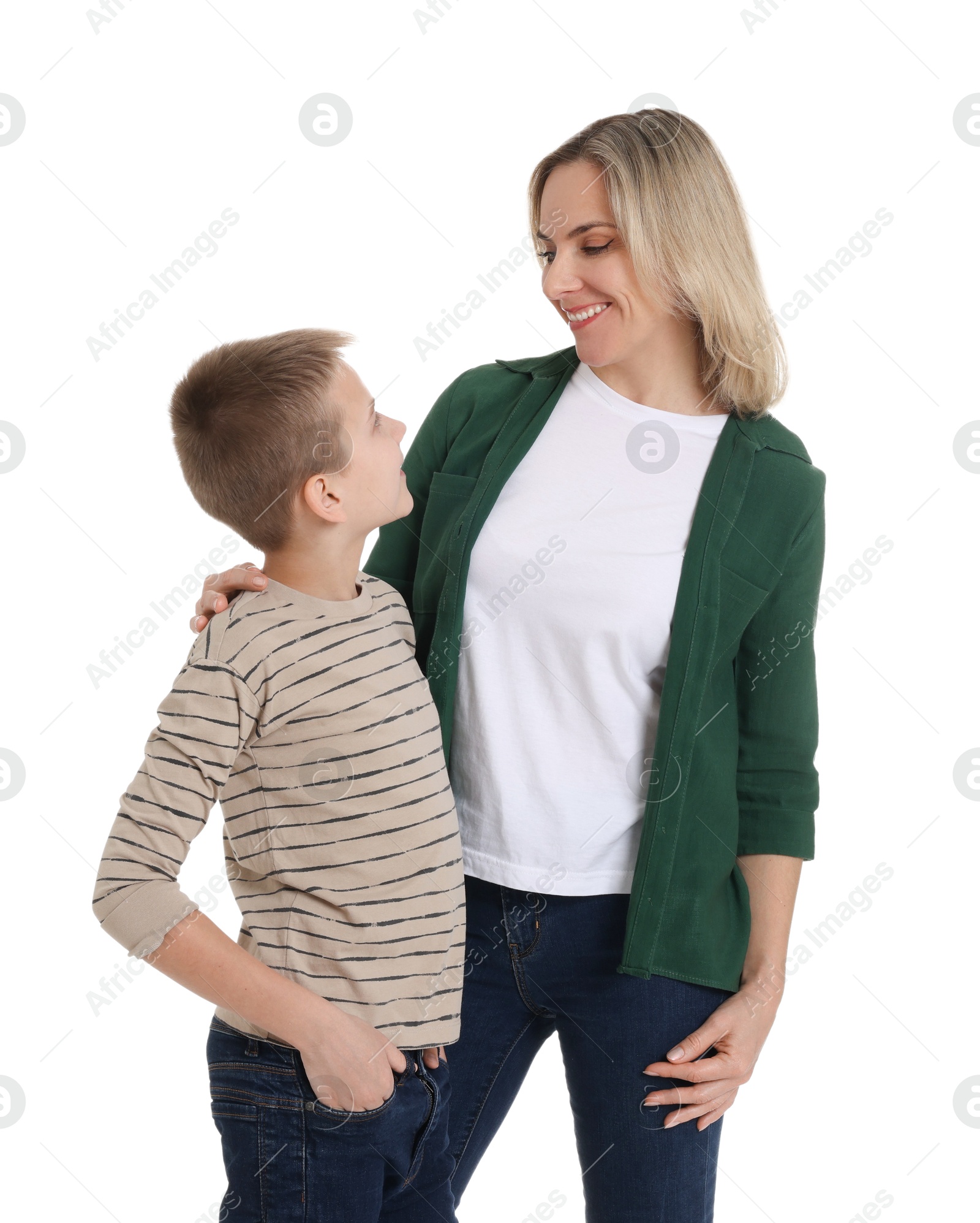 Photo of Happy mother and son on white background