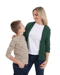 Photo of Happy mother and son on white background