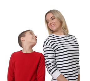 Photo of Happy mother and son on white background