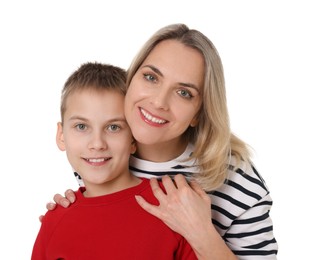 Photo of Mother and son hugging on white background