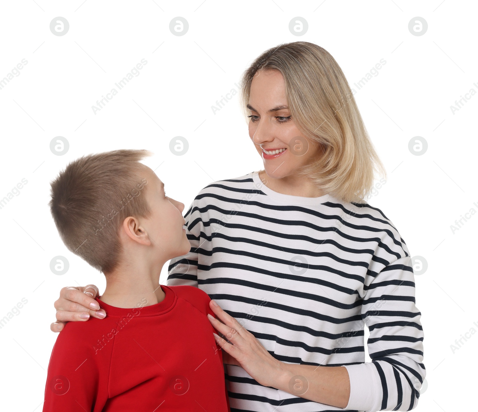 Photo of Happy mother and son on white background