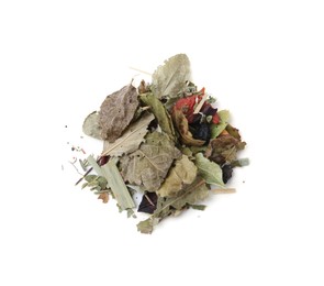 Photo of Dry herbal tea brew isolated on white, top view