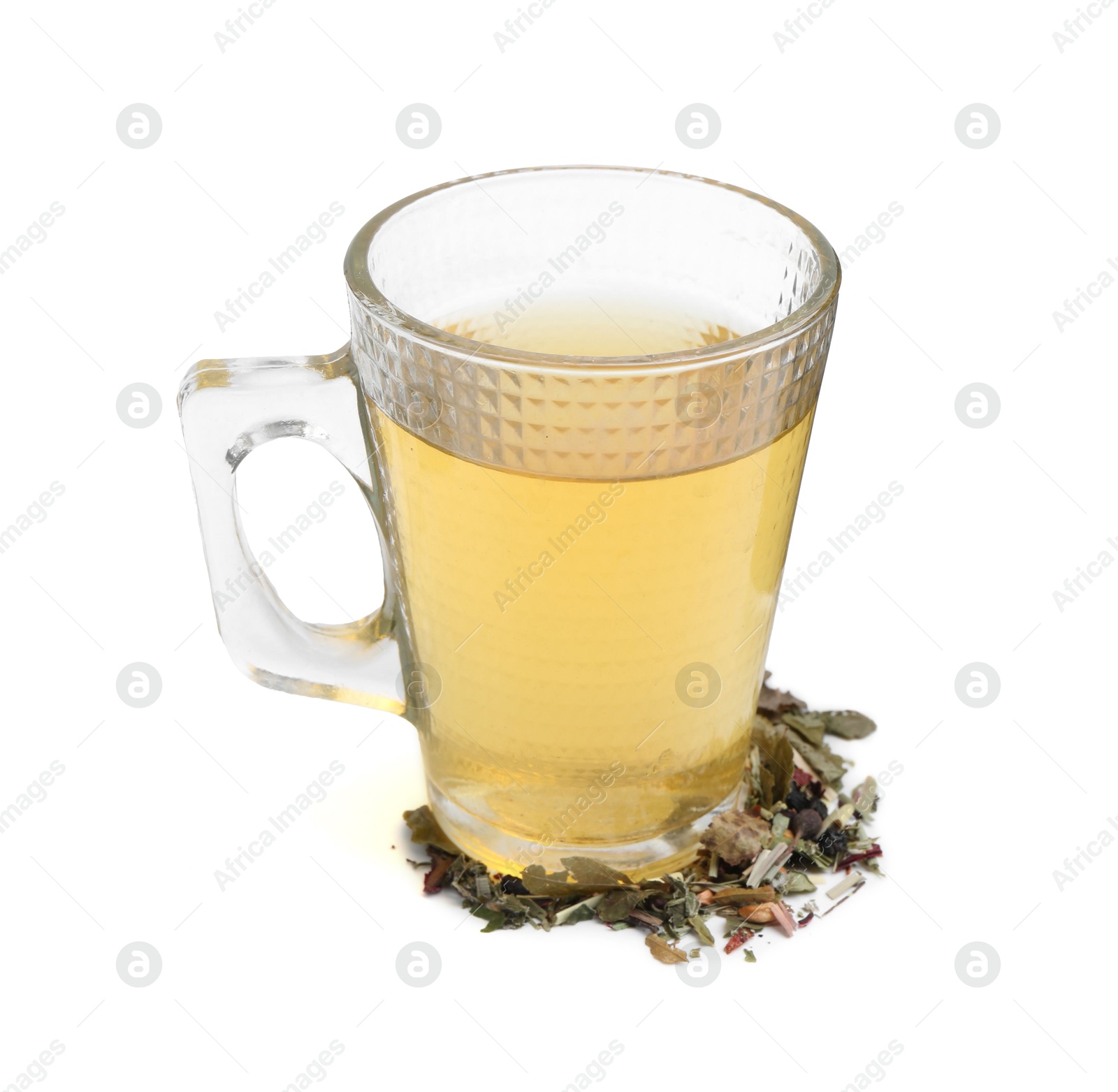 Photo of Delicious herbal tea and dry leaves isolated on white