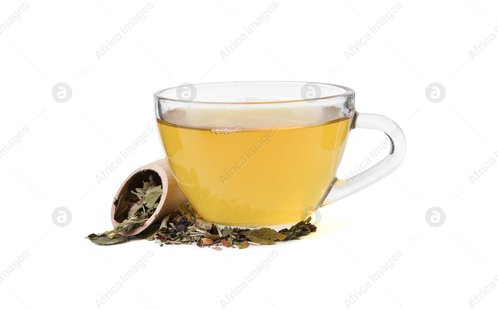 Photo of Delicious herbal tea and dry leaves isolated on white