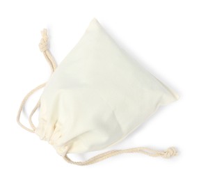 Photo of One cotton bag with ties isolated on white, top view