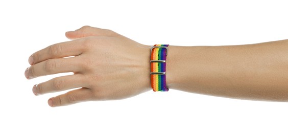 Photo of Man with bracelet in colors of LGBT flag on white background, closeup