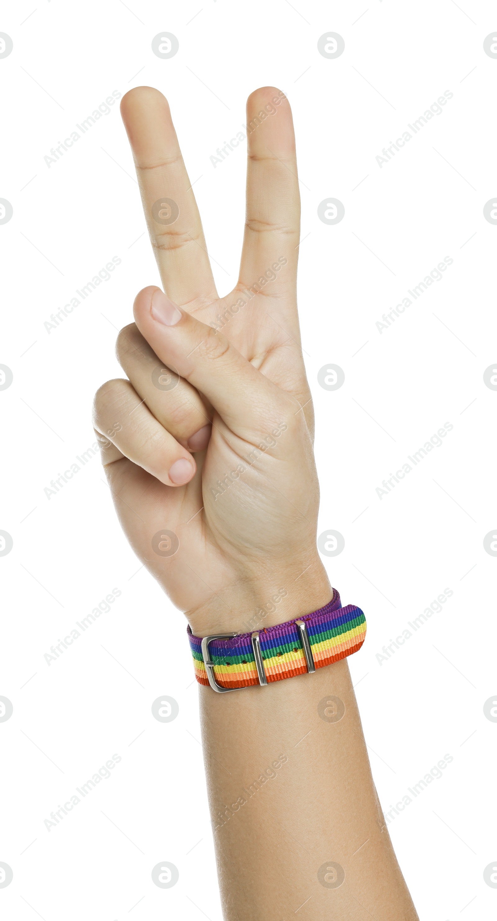 Photo of Man with bracelet in colors of LGBT flag showing peace sign on white background, closeup