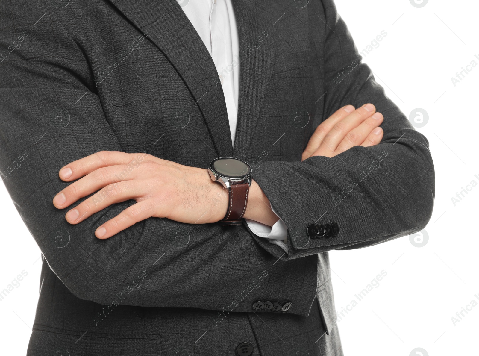 Photo of Man in classic suit on white background, closeup