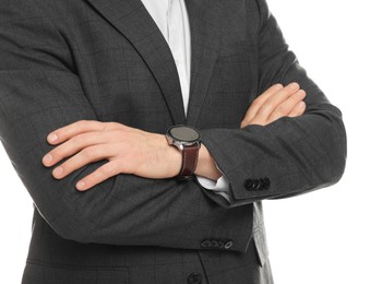 Photo of Man in classic suit on white background, closeup