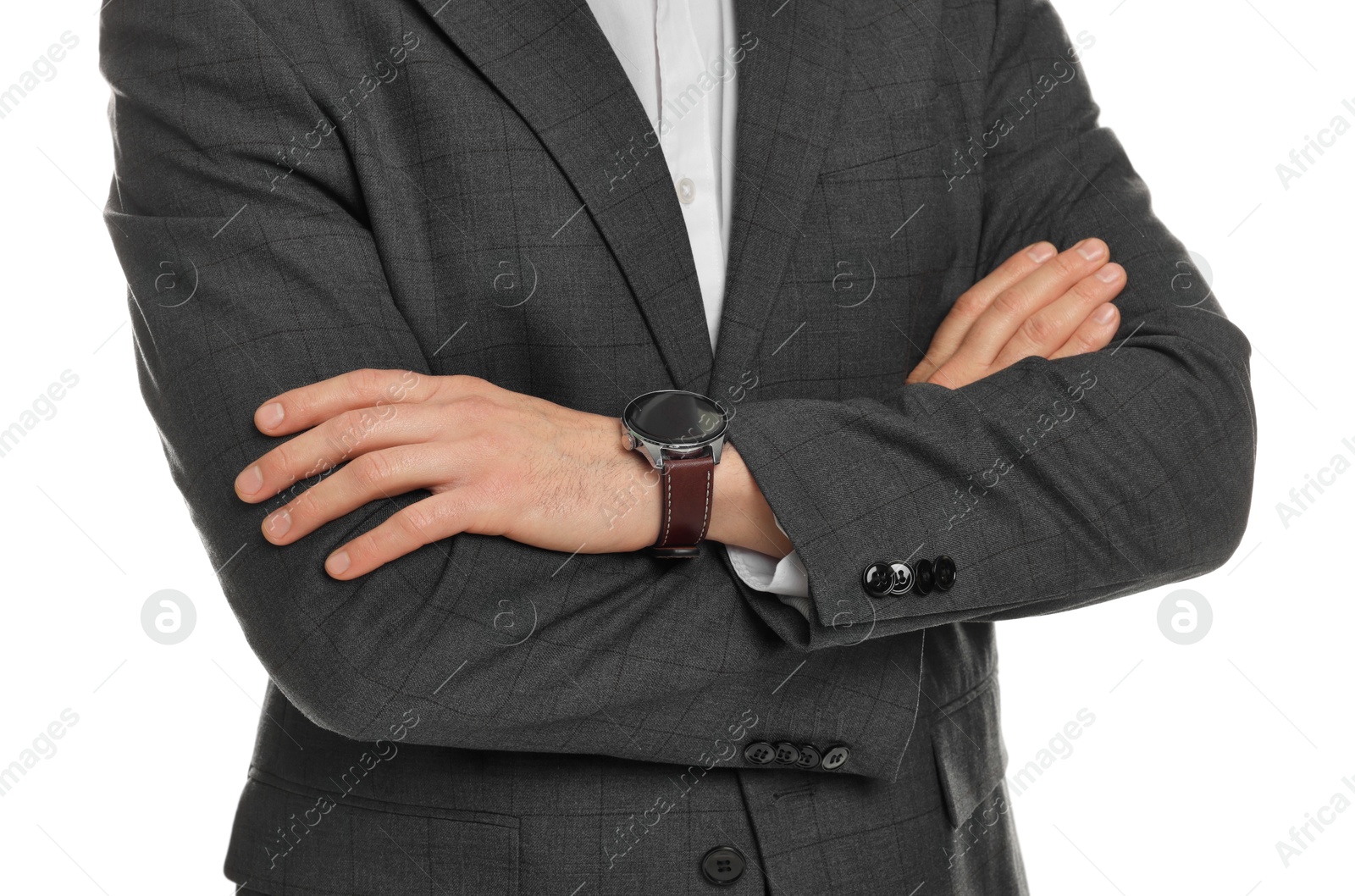 Photo of Man in classic suit on white background, closeup