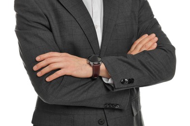 Photo of Man in classic suit on white background, closeup