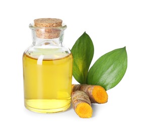 Photo of Bottle of turmeric essential oil, raw roots and leaves isolated on white