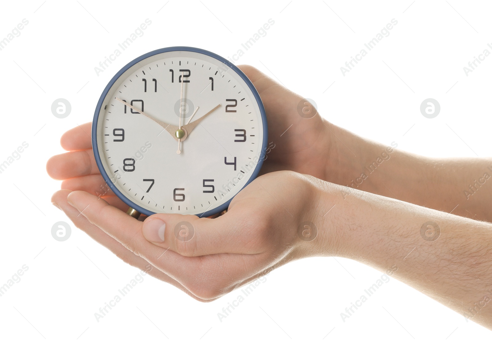 Photo of Man with alarm clock on white background, closeup