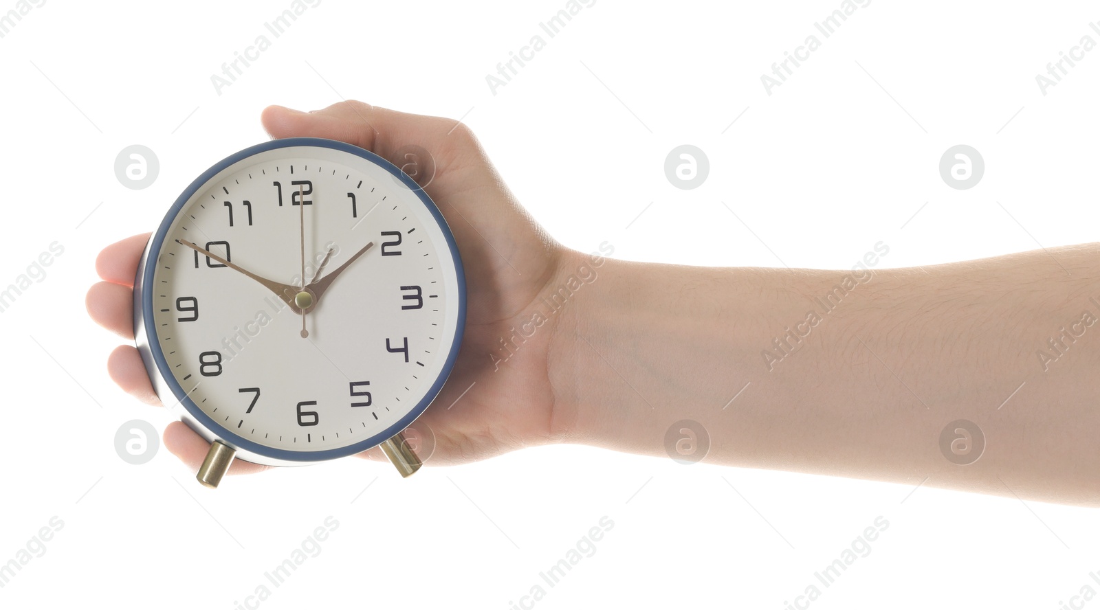 Photo of Man with alarm clock on white background, closeup