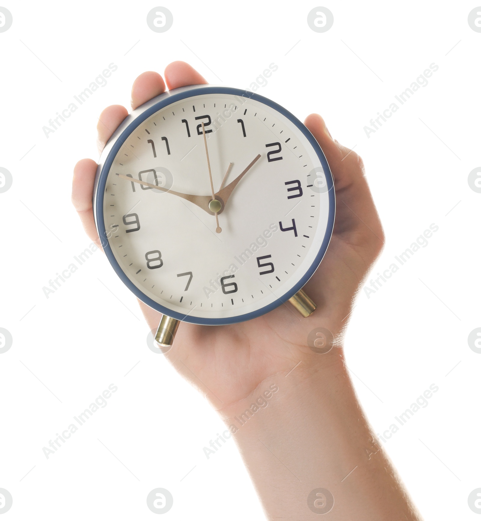 Photo of Man with alarm clock on white background, closeup