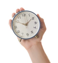 Photo of Man with alarm clock on white background, closeup