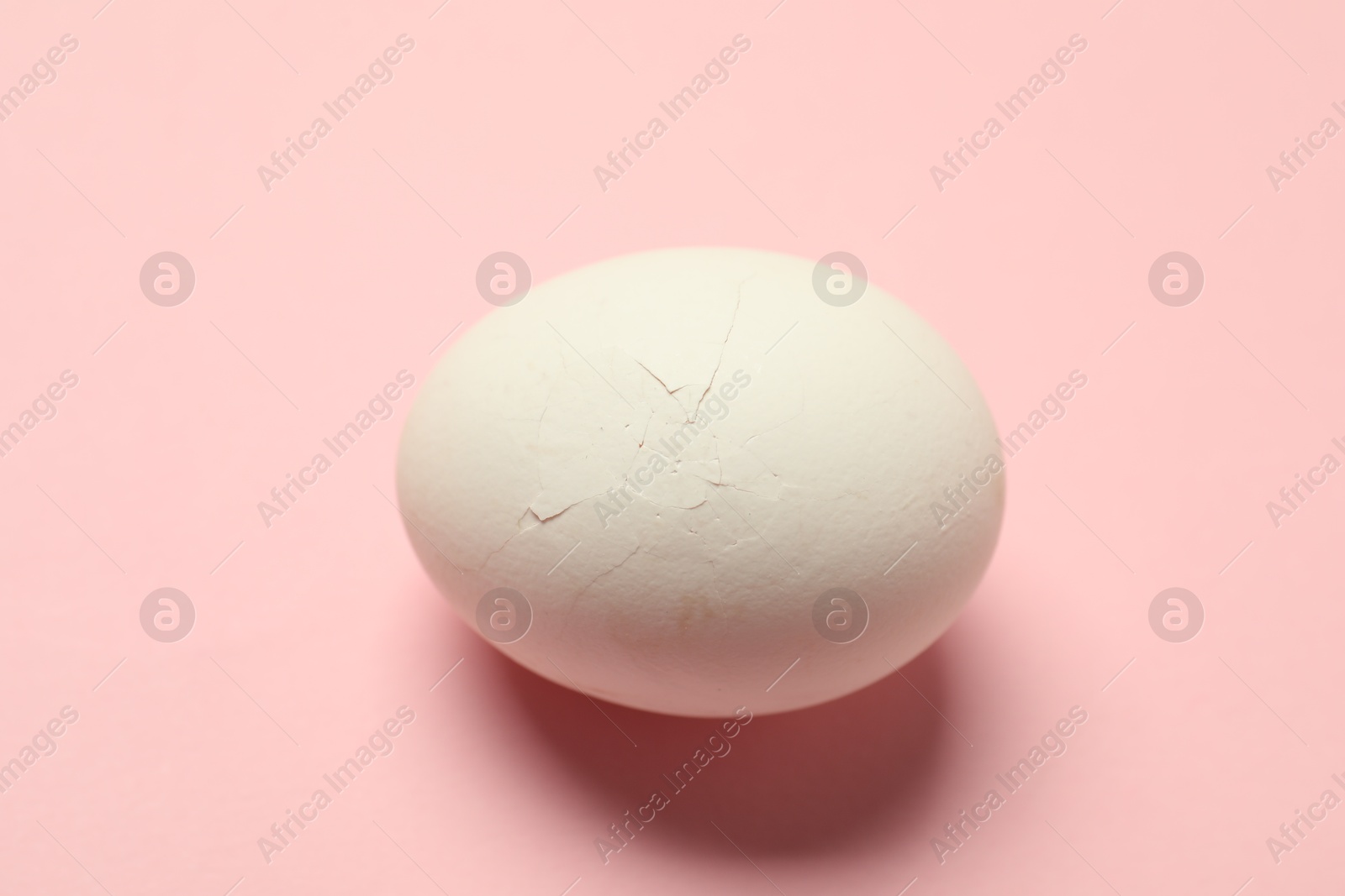 Photo of One egg with cracked shell on pink background, closeup