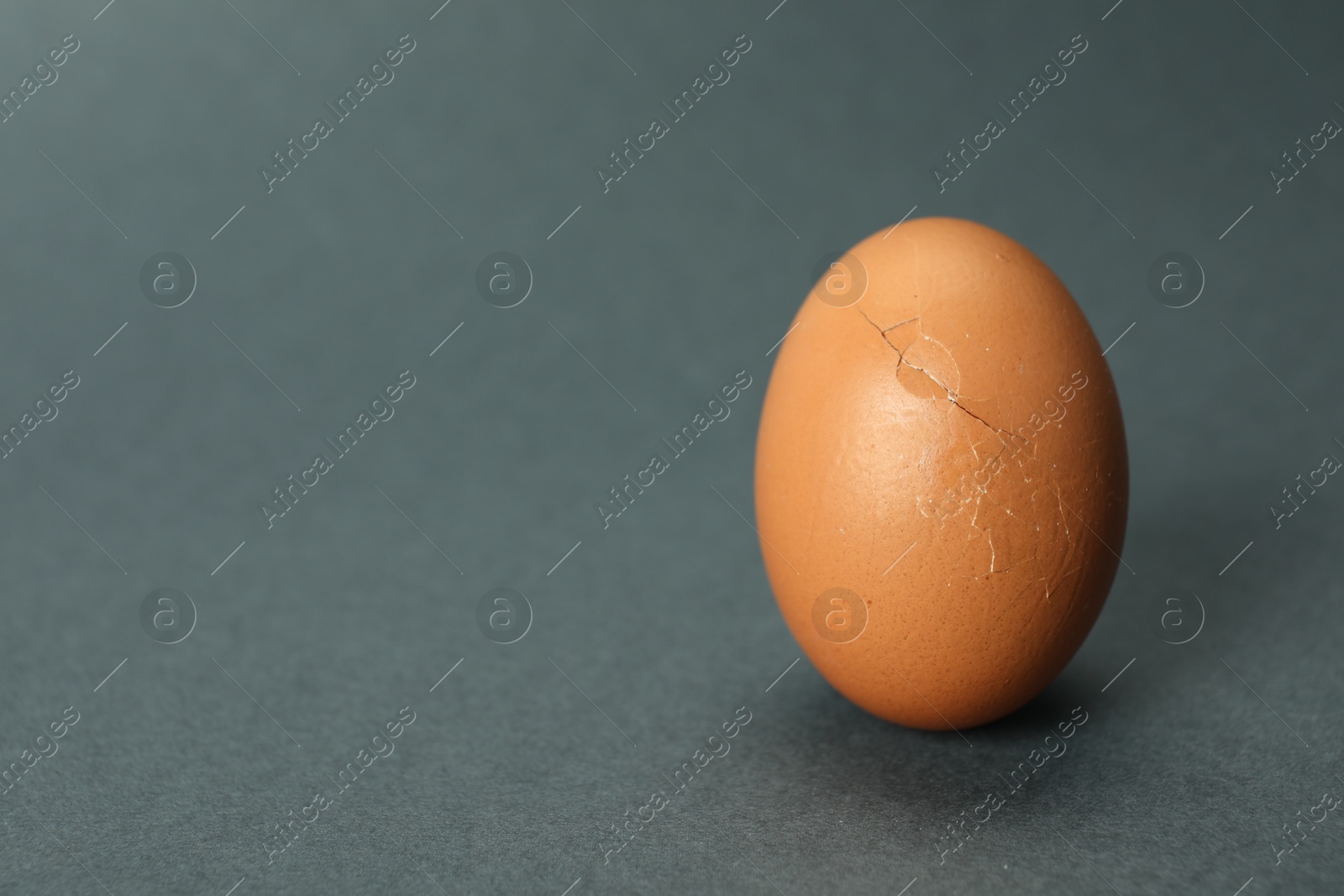 Photo of One egg with cracked shell on grey background, closeup. Space for text