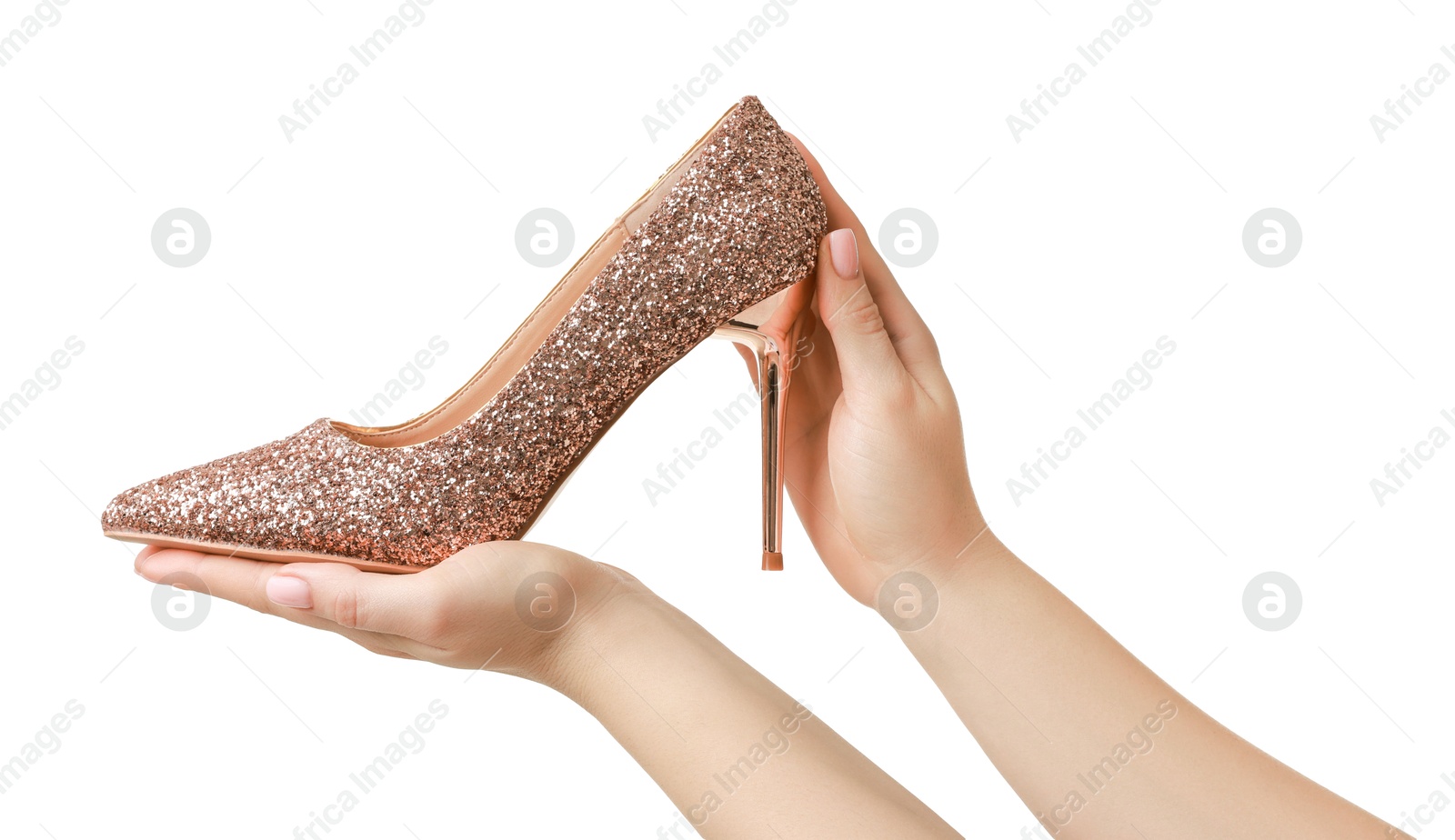 Photo of Woman with beautiful glitter shoe on white background, closeup