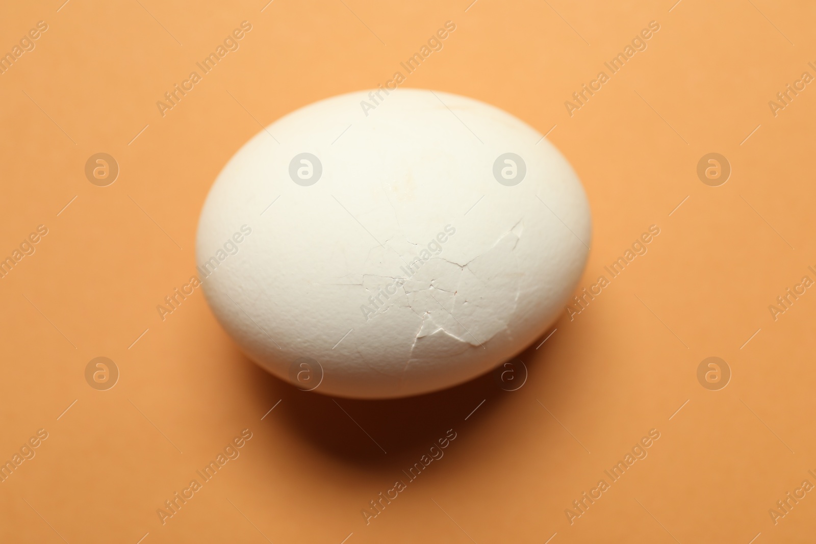 Photo of One egg with cracked shell on orange background, closeup