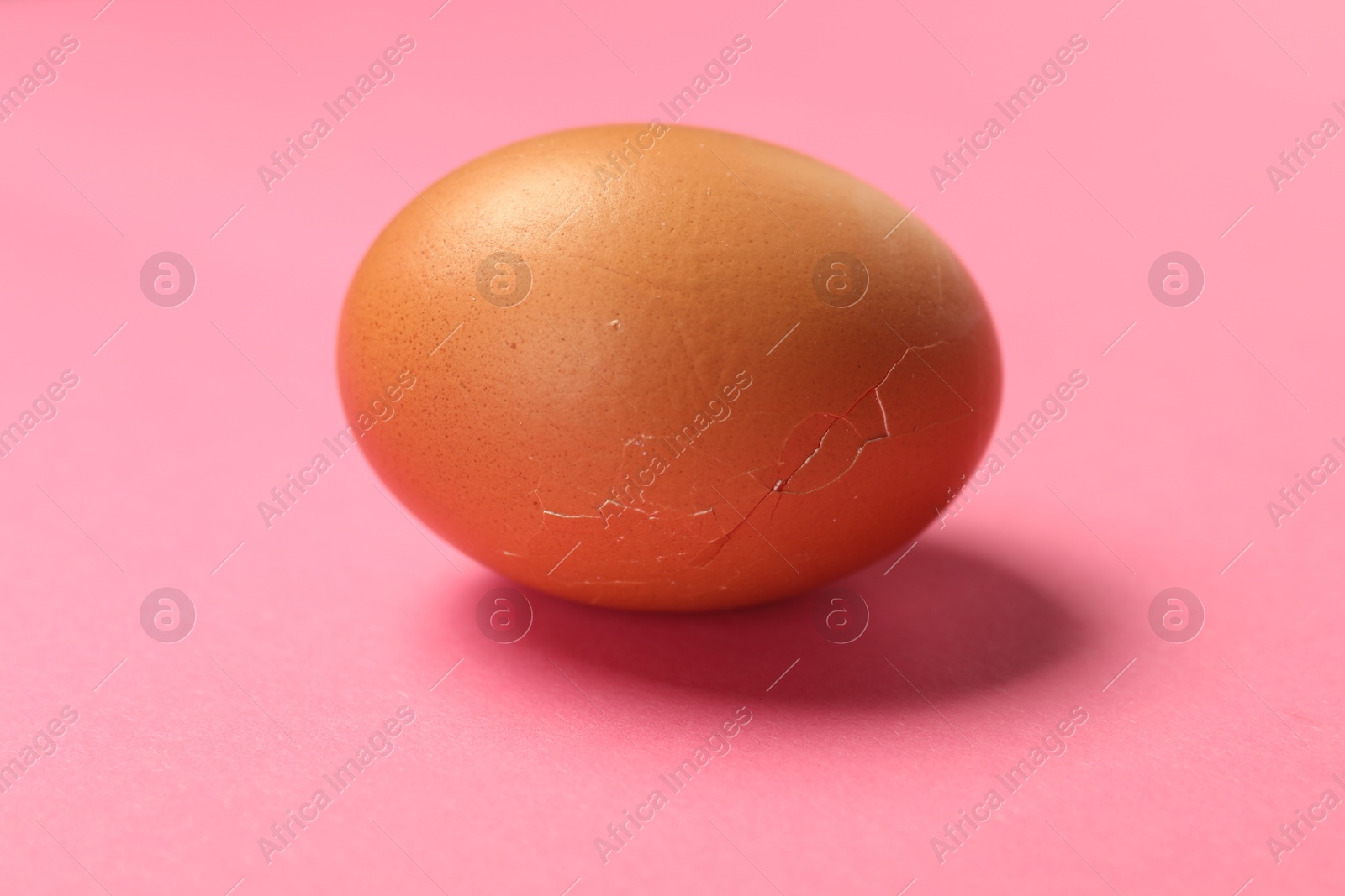 Photo of One egg with cracked shell on pink background, closeup