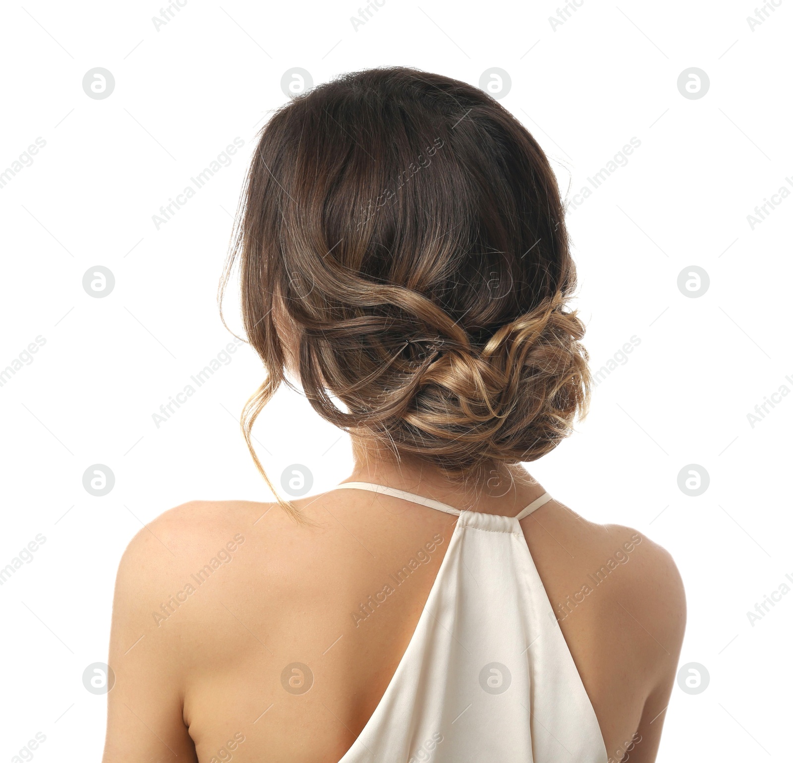 Photo of Young woman with beautiful hairstyle on white background