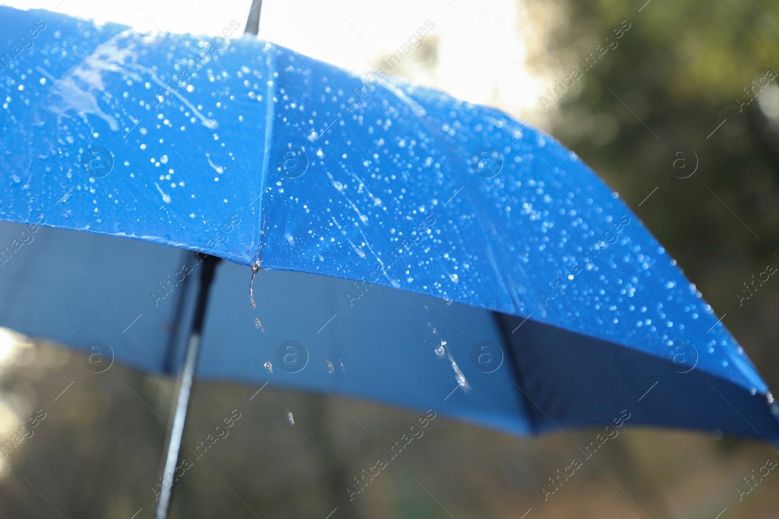 Photo of Open blue umbrella under pouring rain outdoors, closeup