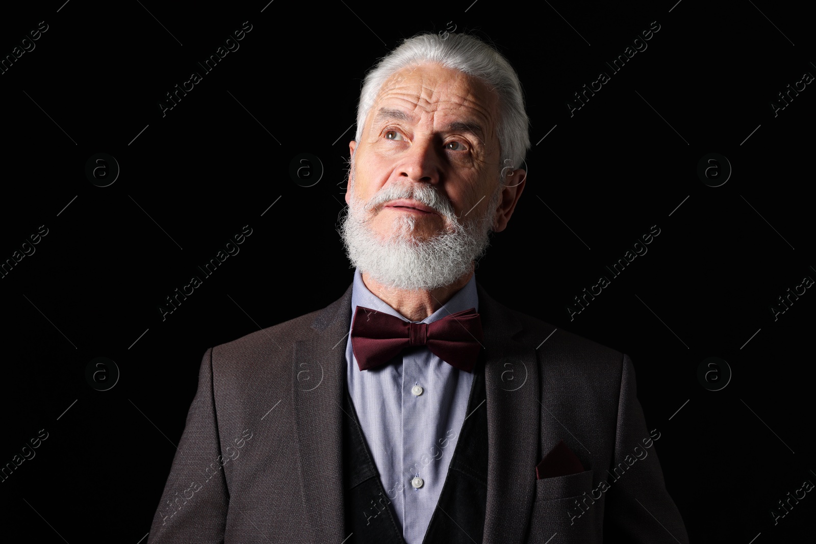 Photo of Portrait of serious senior man with silver beard on black background