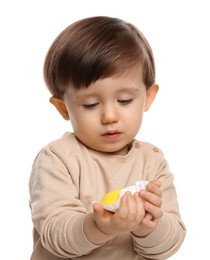 Photo of Cute little child with tasty mochi on white background